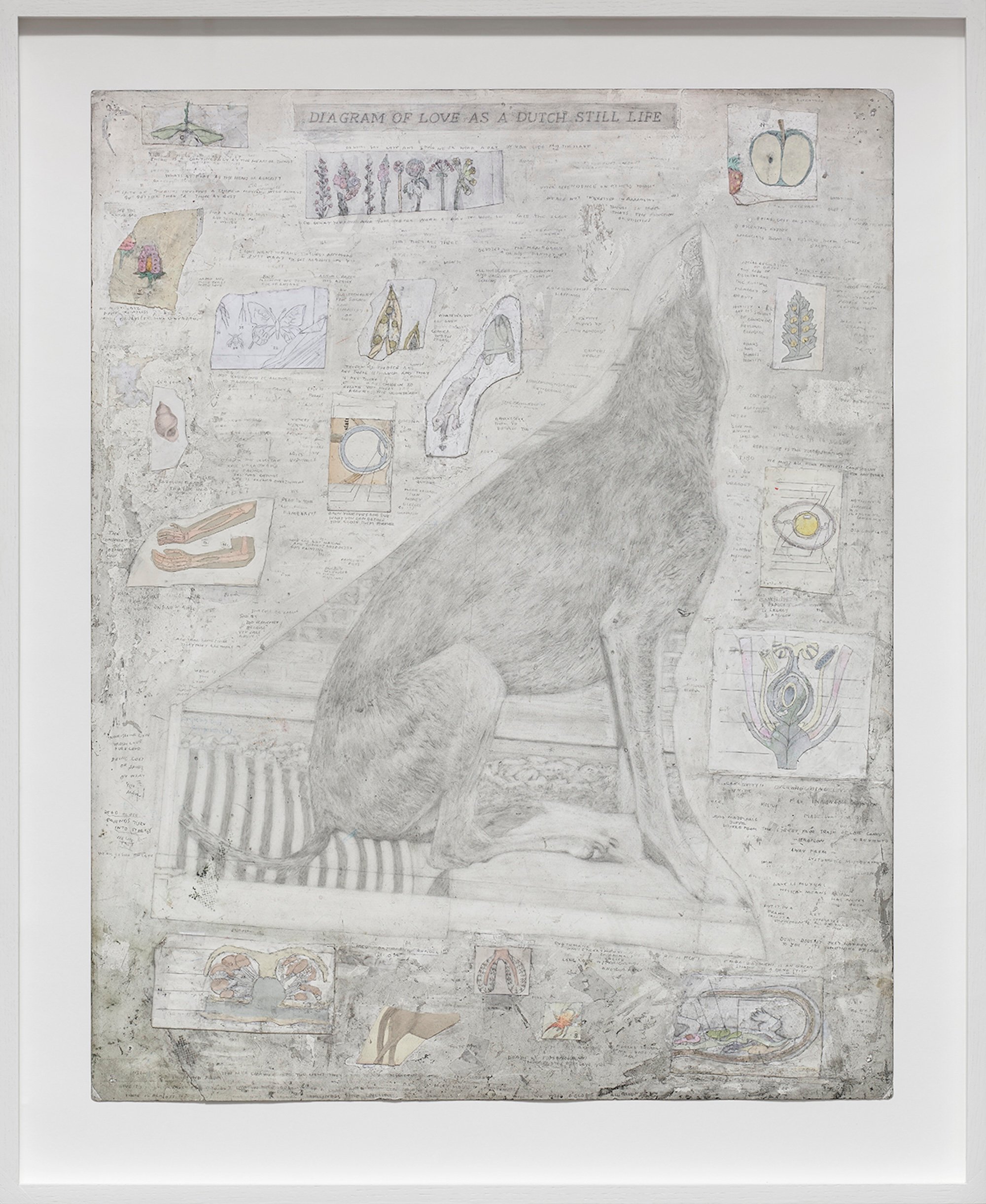 Simon Evans &amp; Sarah Lannan, Diagram of love as a Dutch still life, 2024, Pencil watercolor pencil on paper, 87,5 cm x 71,5 cm x 4,0 cm. Foto: Galleri Bo Bjerggaard.