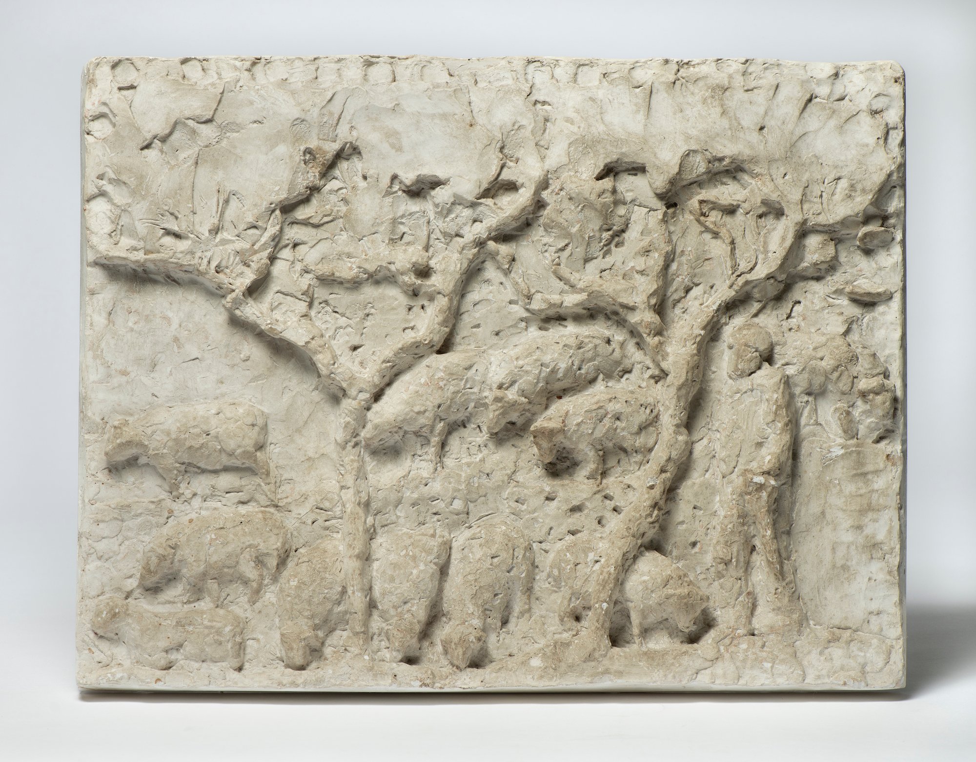 Får mellem træer [relief], 1953, originalgips, 43 x 56 x 7 cm. Foto: Lars Bay