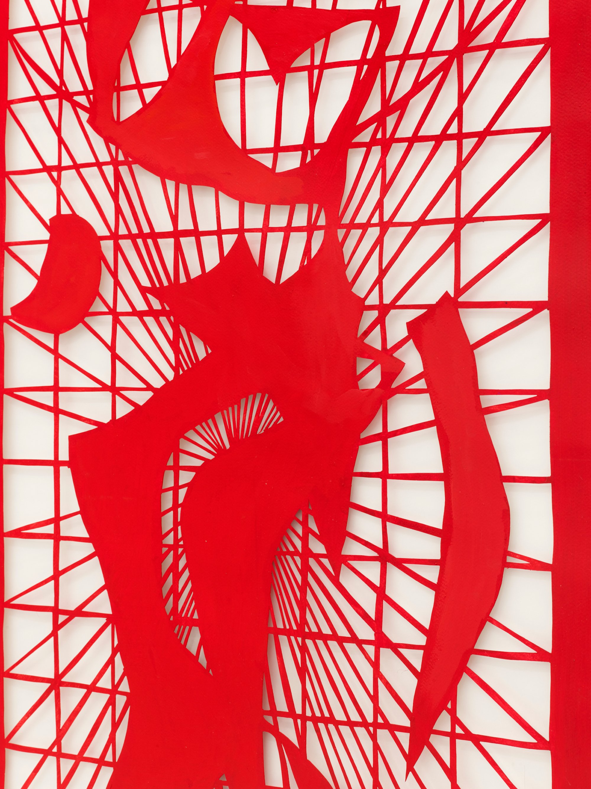 Mathias Malling Mortensen, I Sing the Body Electric (Red), 2025, oil on paper-cut, smoked oak frame with UltraVue glass. Foto: Malle Madsen