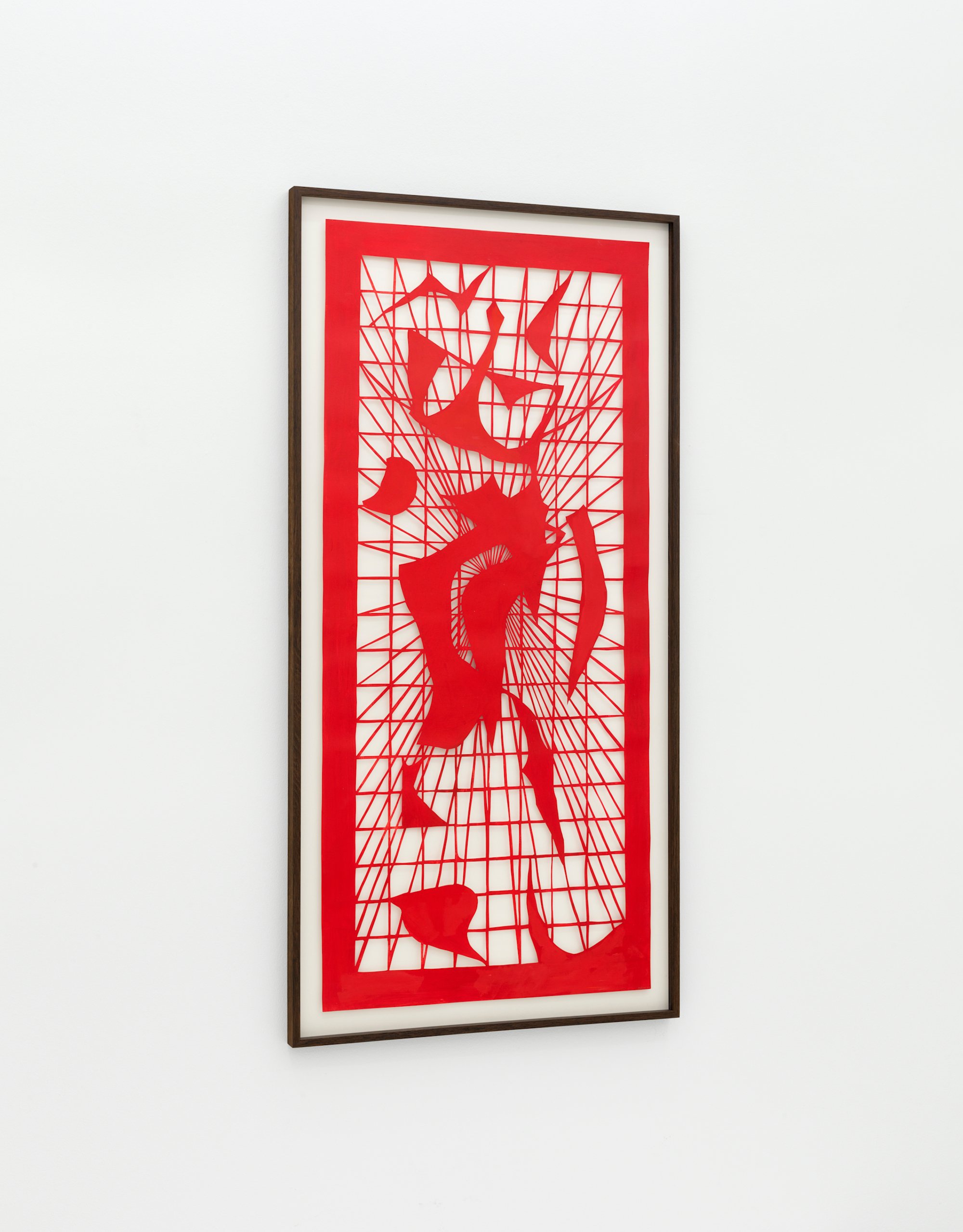 Mathias Malling Mortensen, <i>I Sing the Body Electric (Red)</i>, 2025, oil on paper-cut, smoked oak frame with UltraVue glass. Foto: Malle Madsen