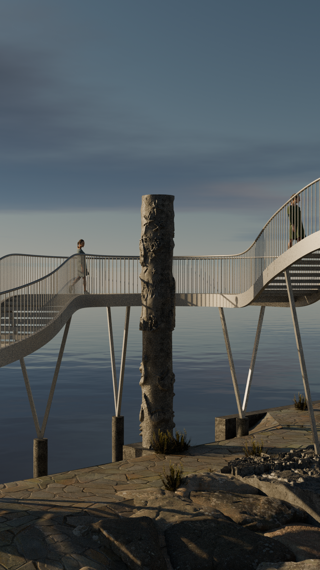 Foreløbig illustration af det ny Gedser Vartegn <em>Under Overfladen</em> , ændringer i det færdige værk vil forekomme. Værket bygger bro mellem land og vand, mellem natur og industri, mellem fortid og nutid, mellem Skandinavien i nord og Europa i syd – og mellem mennesker. Illustration: Tideland Studio, Rumgehør og Siska Katrine Jørgensen