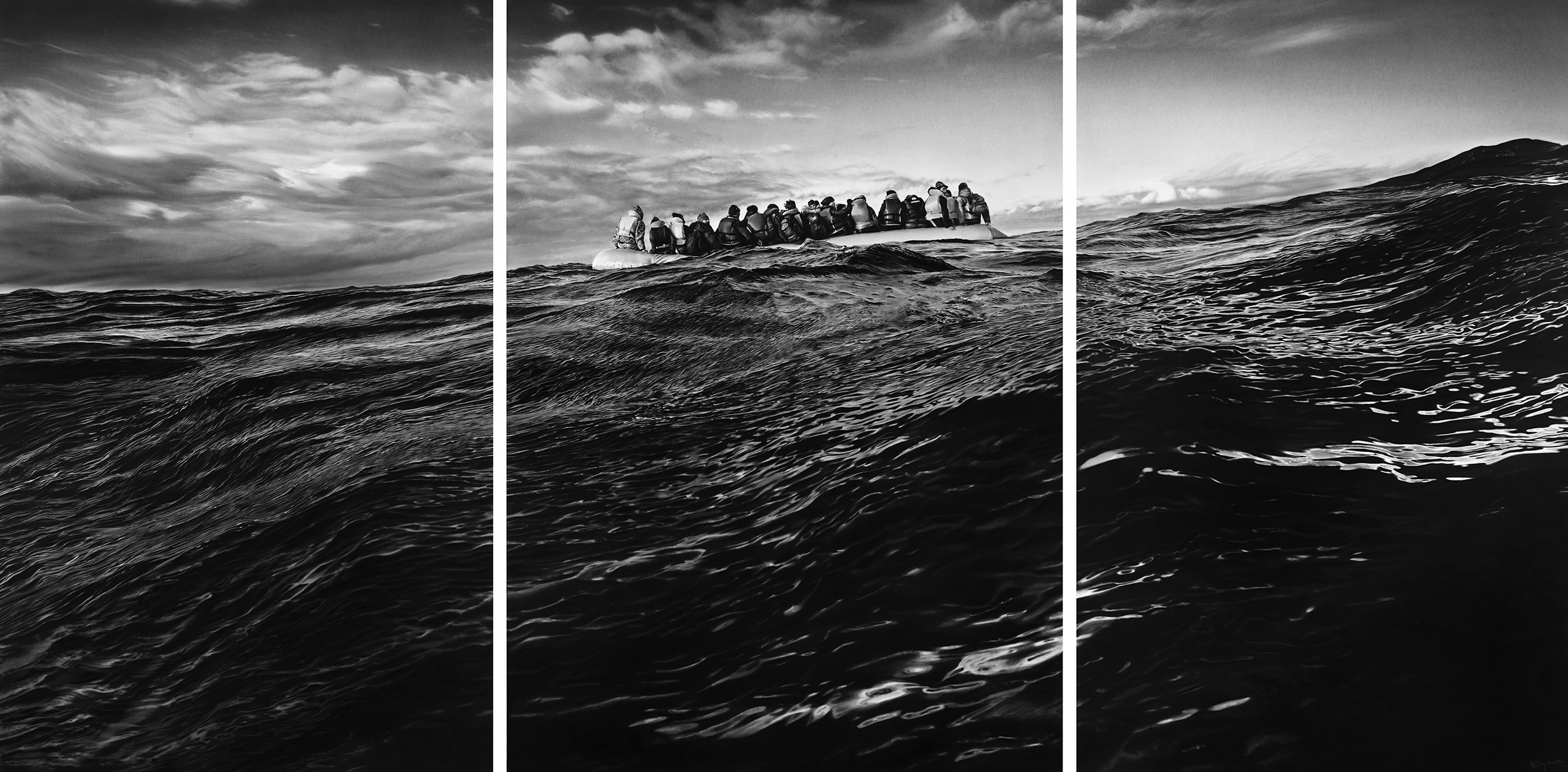 Robert Longo: Untitled (Raft at Sea) , 2016-2017. Kul på monteret papir, 355,6 × 713,7 cm. © Robert Longo. Foto: Courtesy of Robert Longo Studio.