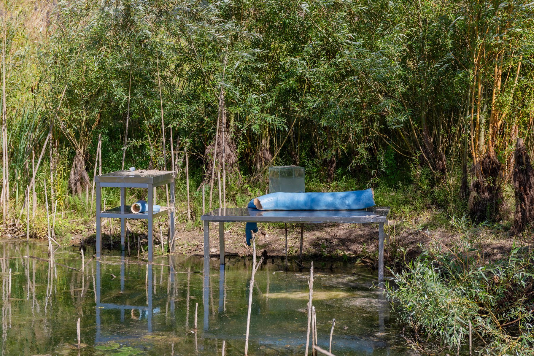 METTE WALSØ BREHM, ÅNDEDRÆTSØVELSE 2, 2025. Lufttørret ler, grus, sten, skaller, blåt spirulinapulver (udvundet af ferskvandsmikroalger), søvand, agar agar (ekstrakt fra røde makroalger (Rhodophyta)), glycerin, bivoks og plantedele.