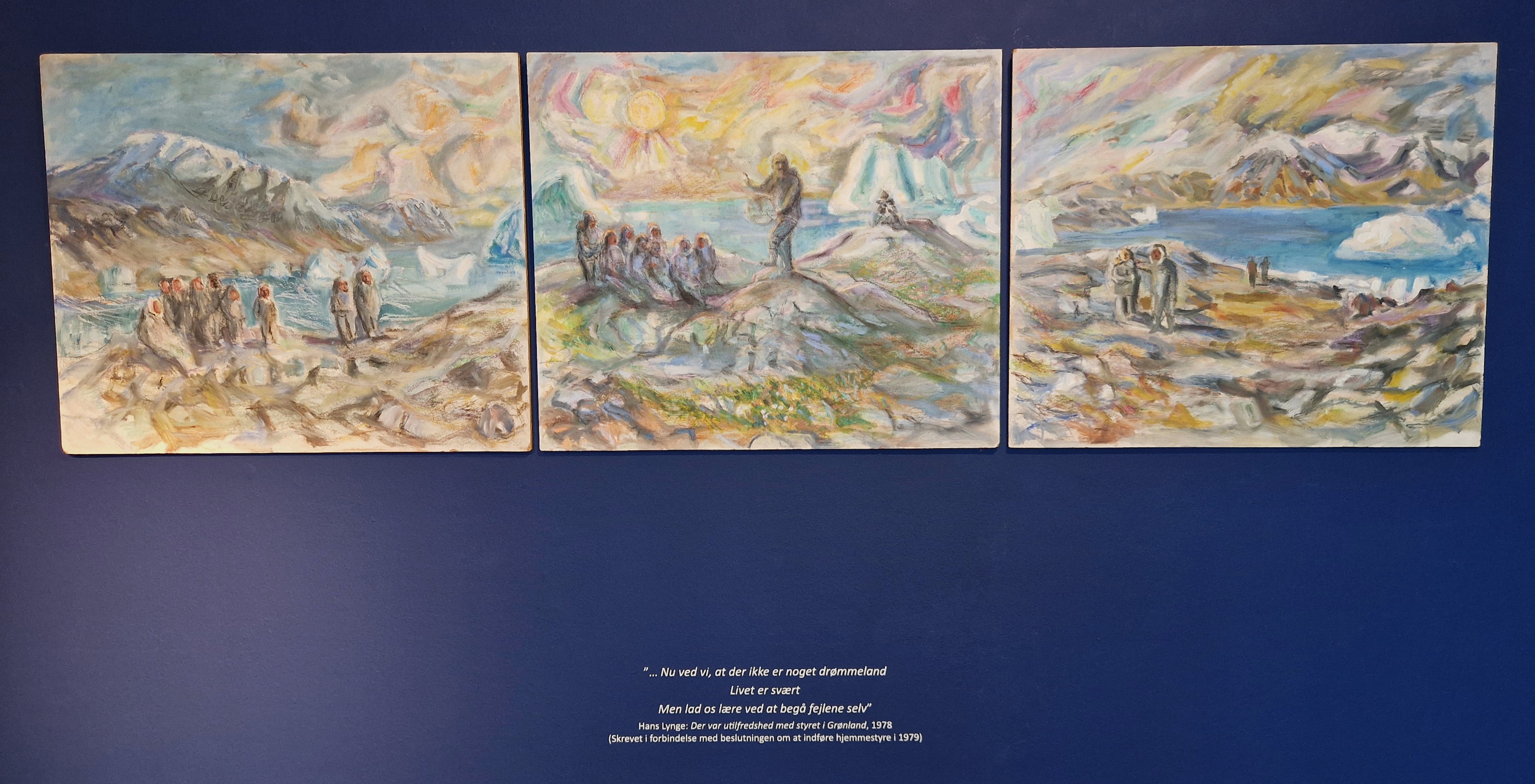 Hans Lynge, Den sidste trommesang (Forlæg til gobeliner), Olie på spånplade. Installationsfoto