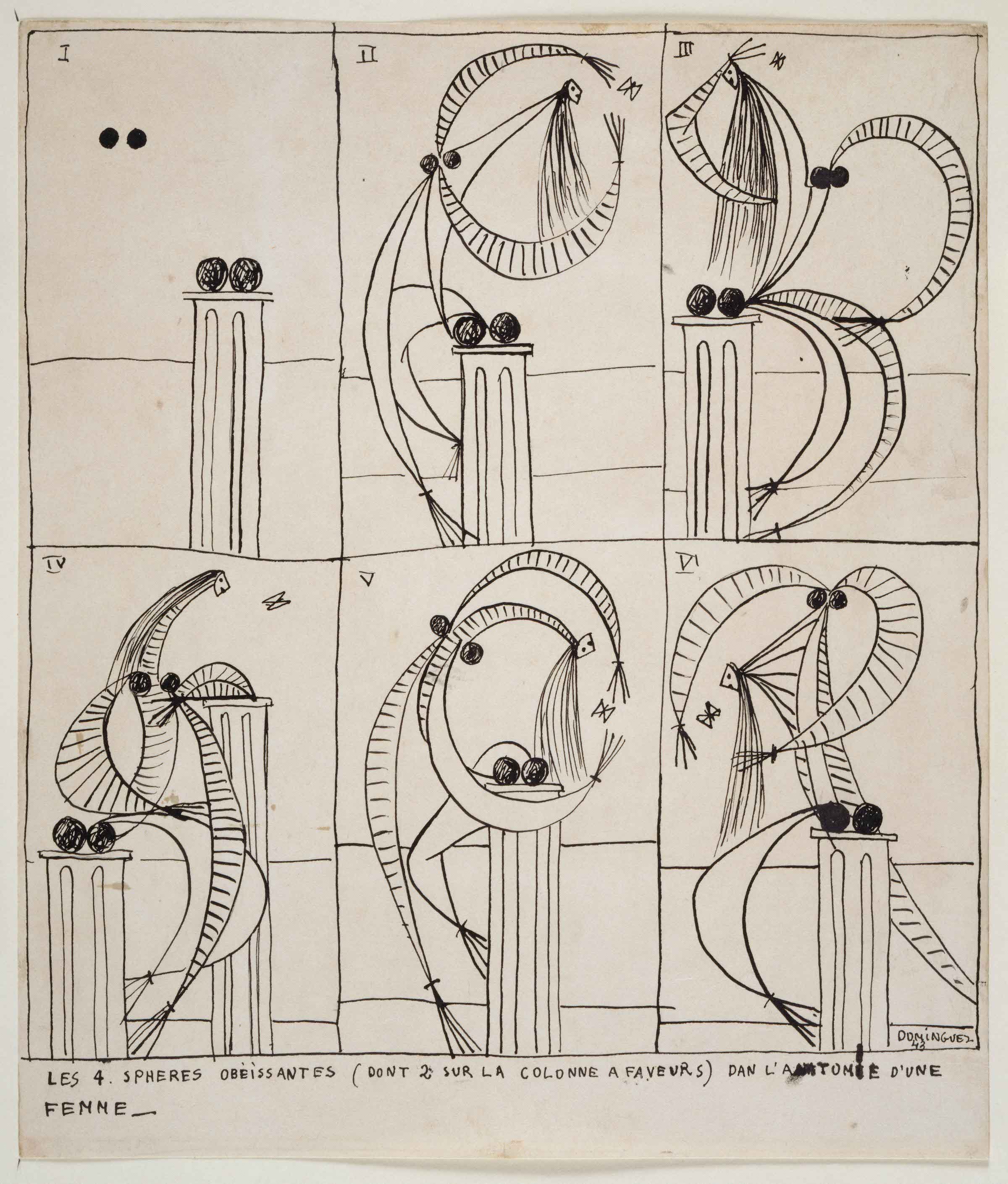 Oscar Dominquez, De 4 lydige kugler (heraf 2 på begunstigelsens søjle) i en kvindes anatomi, 1943. Centre Pompidou, Paris, Musée National d’Art Moderne / Centre de Création Industrielle. © Centre Pompidou, MNAM-CCI, Dist. GrandPalaisRmn - © Philippe Migeat. © Oscar Dominquez / VISDA.