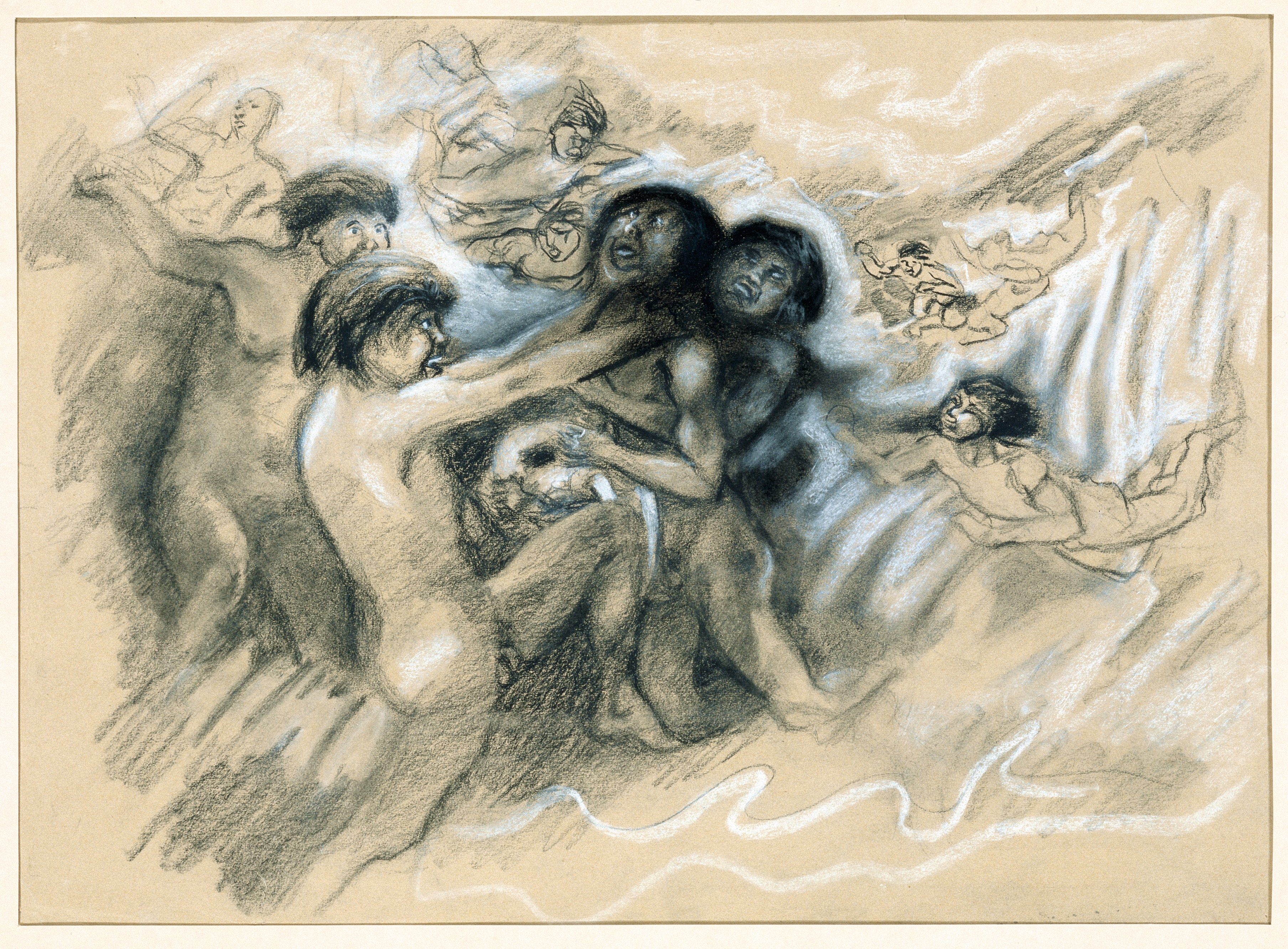 Hans Lynge, De døde kæmper om fangeræren (Sagnet om nordlyset), 1965. Kul og pastel på papir. Foto: Ruben Blædel