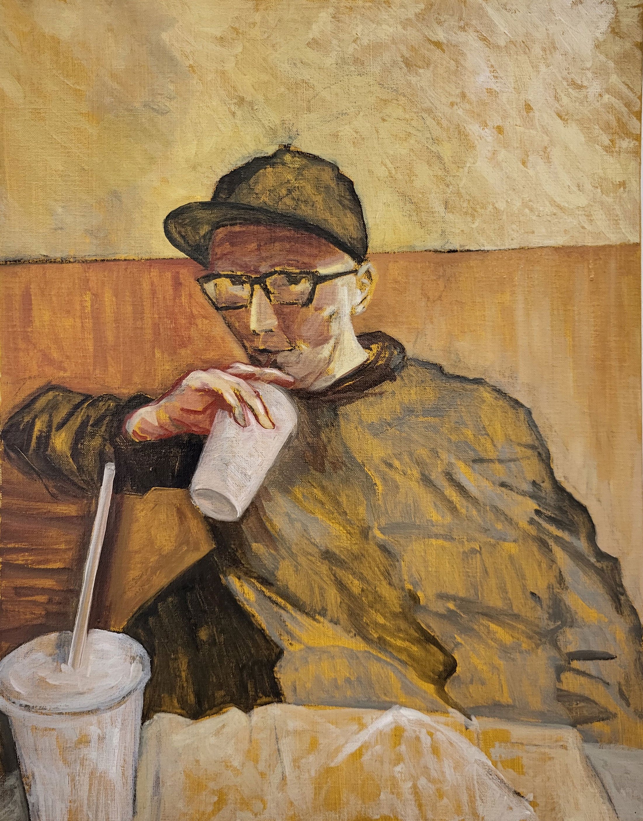 Henrik Jørgensen: <i>Burgerbar</i>. 2021. Olie på lærred. 40 x 51 cm.	