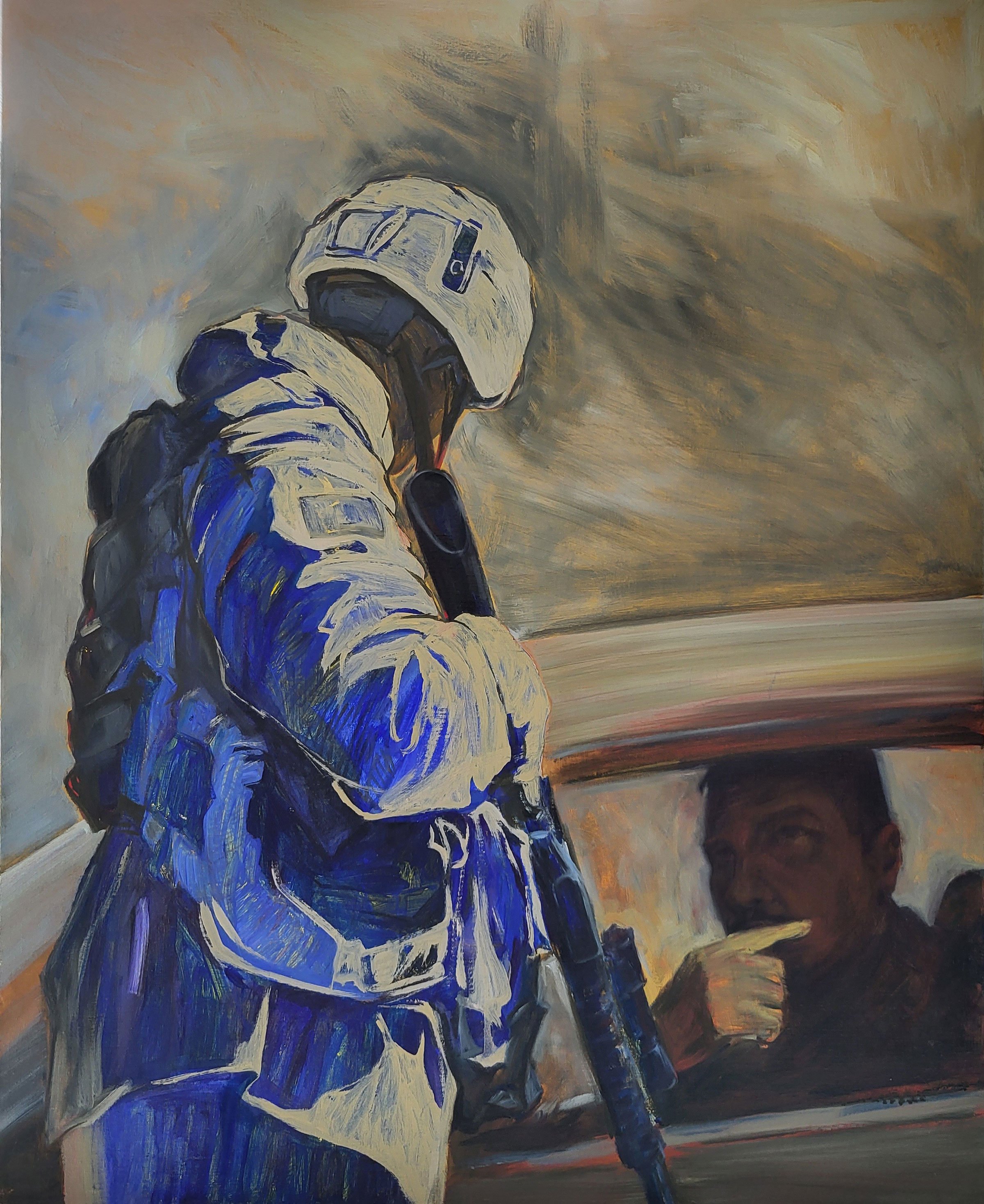 Henrik Jørgensen: <i>Checkpoint</i>. 2023. Tempera og olie på lærred. 61 x 100 cm.	