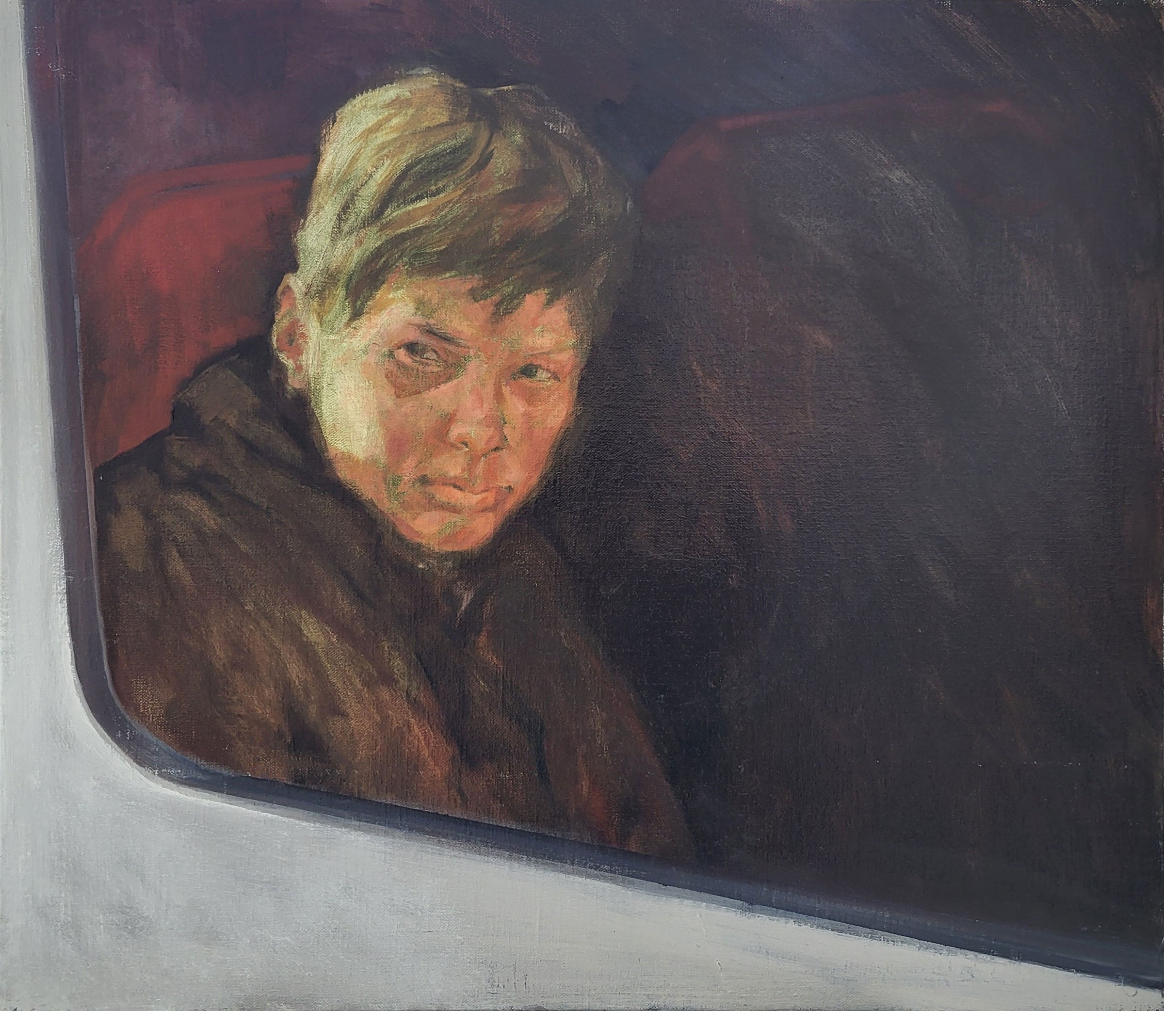 Henrik Jørgensen: <i>Dreng i en bus</i>. 2022. Olie på lærred. 51 x 45 cm.