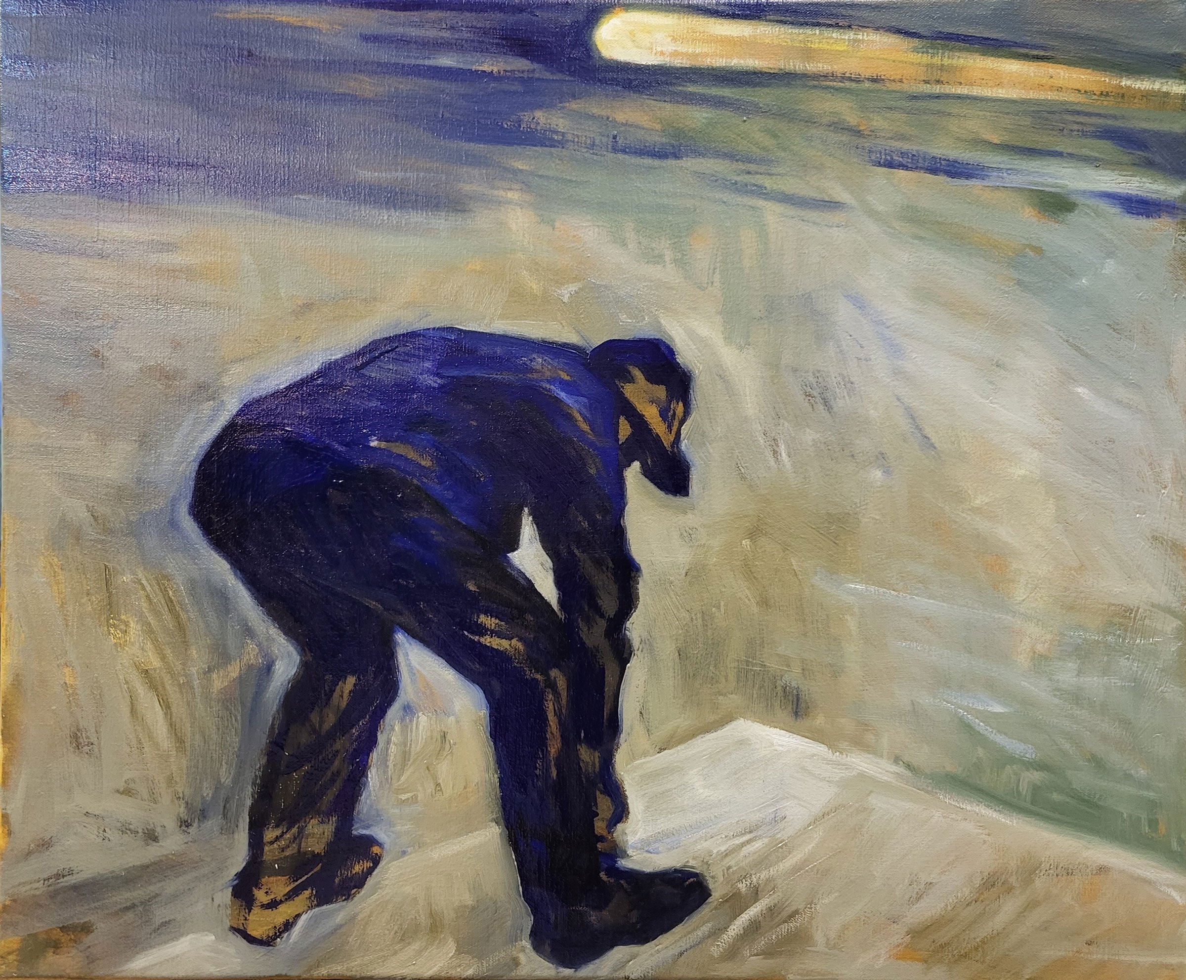 Henrik Jørgensen: <i>Mand og komet</i>. 2025. Olie på lærred. 60 x 50 cm.	