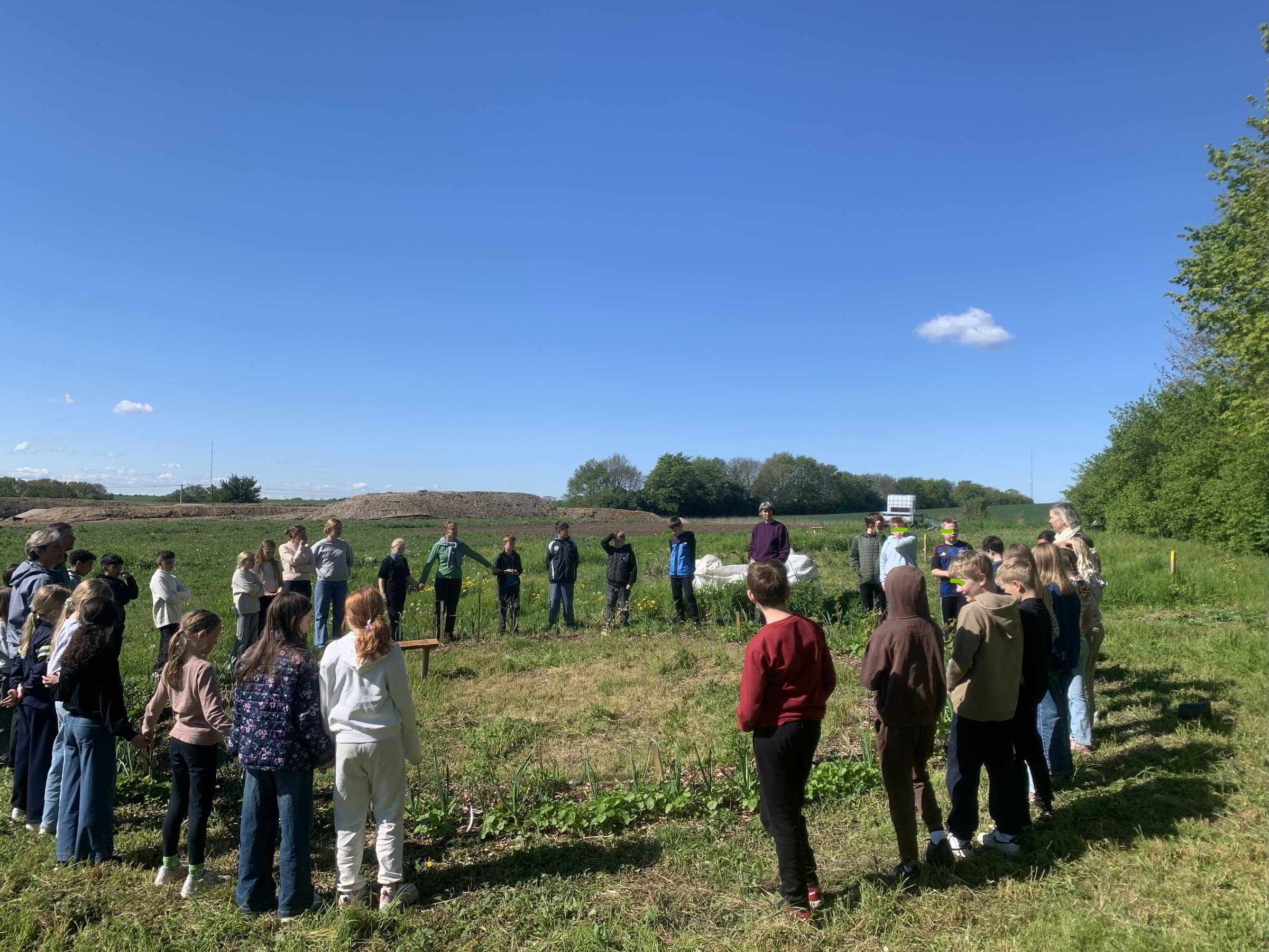 Skoleklasse danner en kreds rundt om en af skovcirklerne. Foto: Charlotte Bagger Brandt 