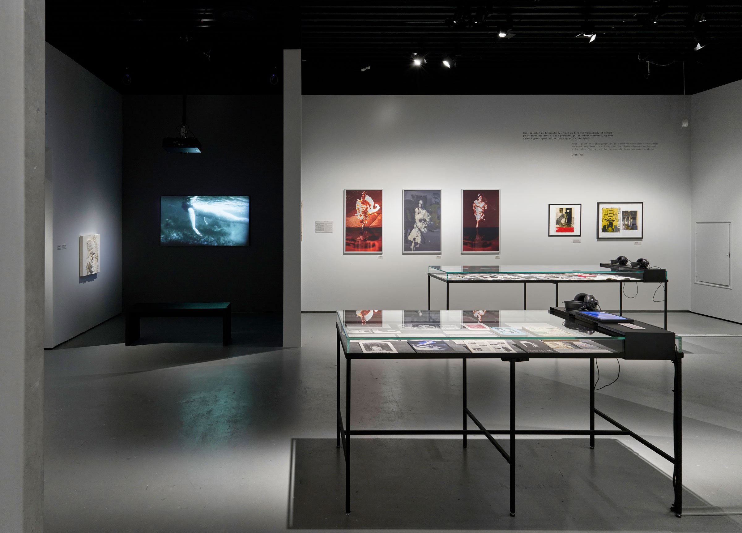 Installationsfoto fra udstillingen <i>Jytte Rex – Drømmen og den rasende latter</i> i Den Sorte Diamant – Det Kgl. Bibliotek. Foto: Anders Sune Berg.