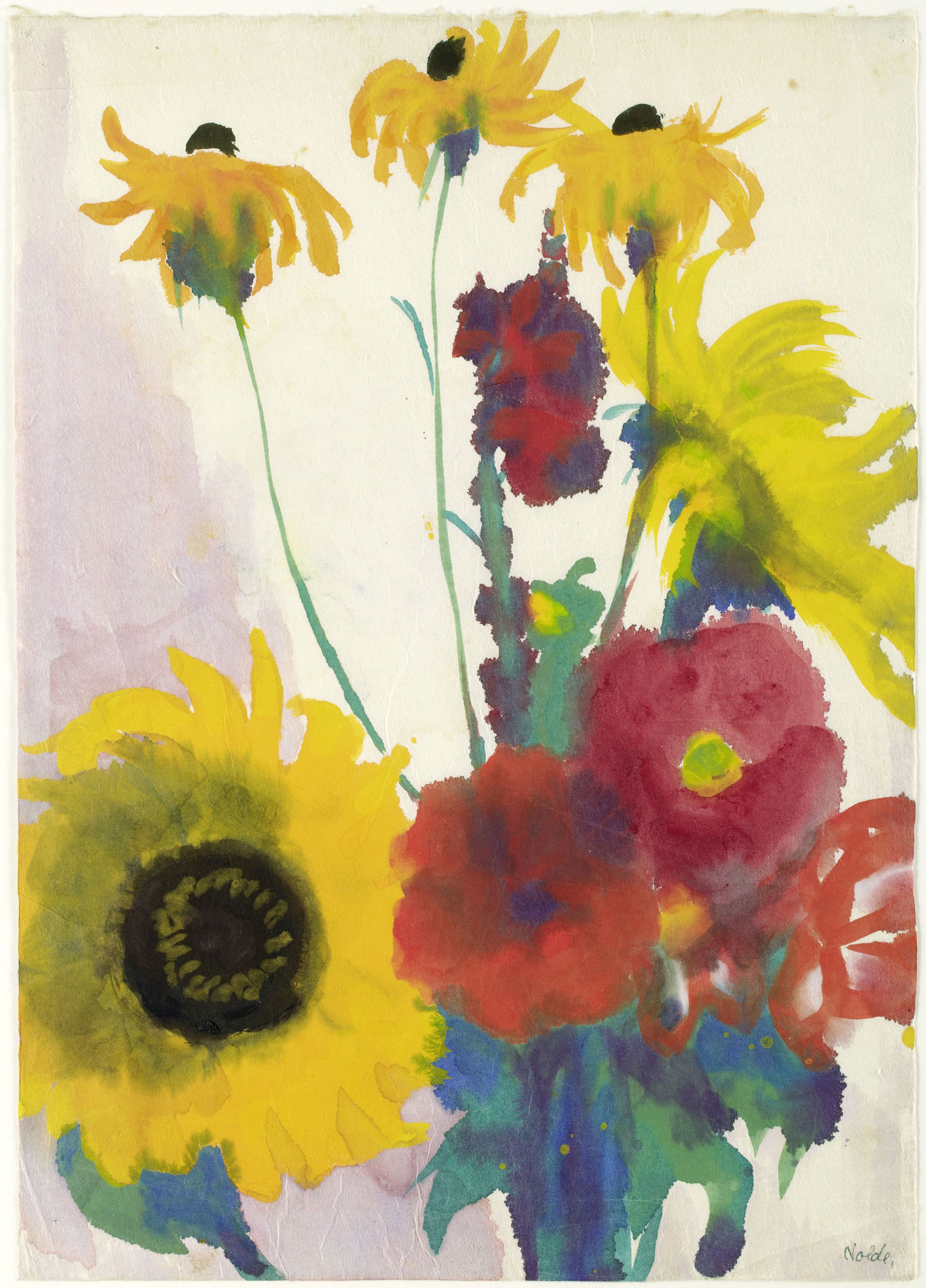 Emil Nolde, <i>Gul solsikke, rød valmue og rudbeckiaer</i>, akvarel, © Nolde Stiftung Seebüll.