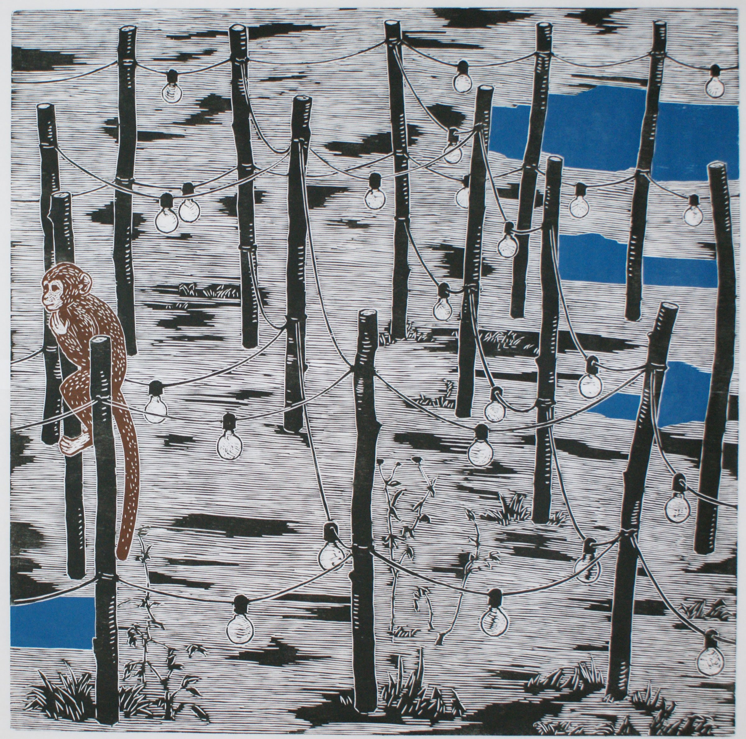 Ole Broager: <i>Klokken er mange</i>, 2016. Træsnit. Foto: Clausens Kunsthandel