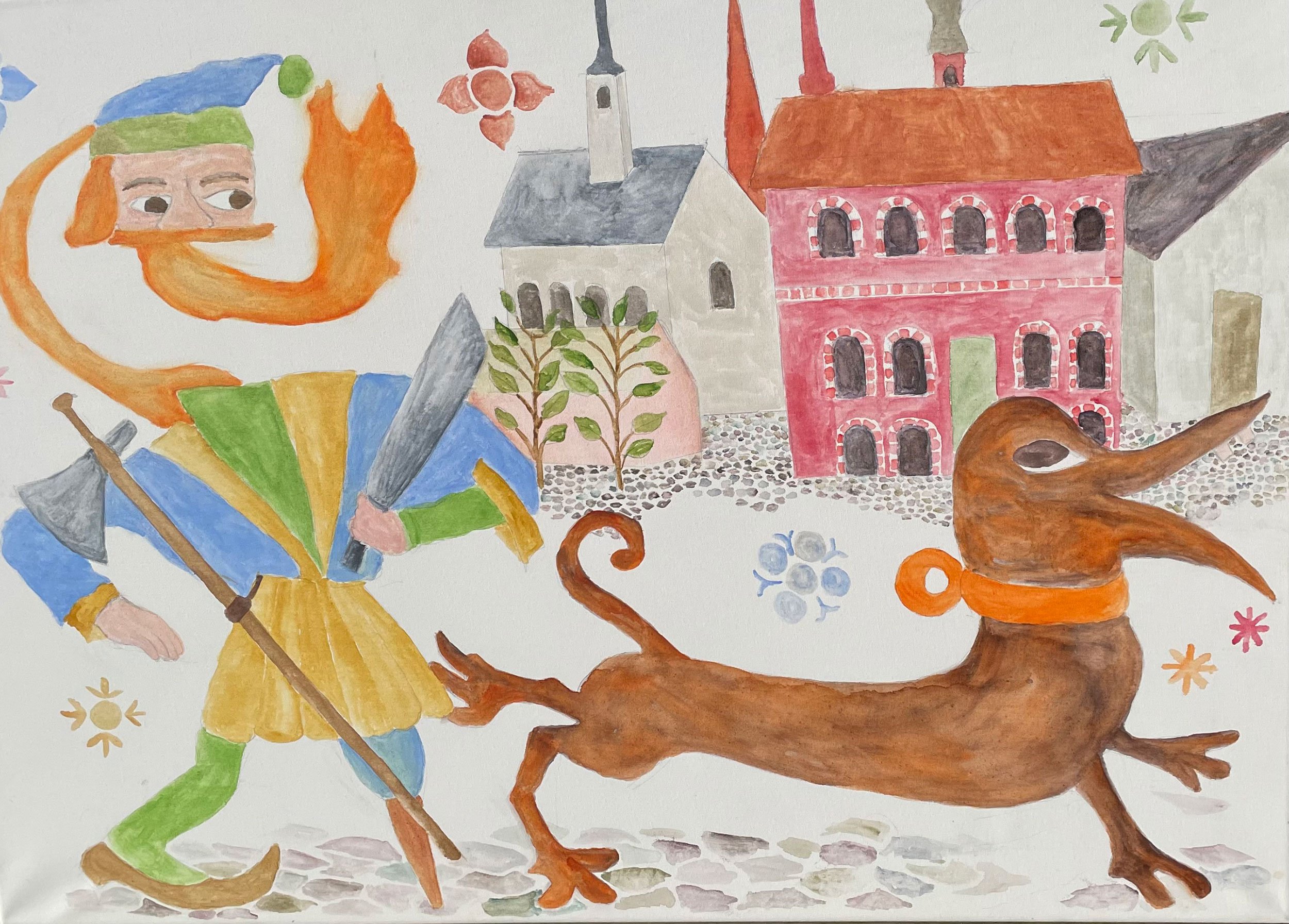 Inger Lis Hansen, <i>Hold hovedet højt!</i>. 70 x 50 cm. Akvarel på lærred. Foto: Inger Lis Hansen. 
