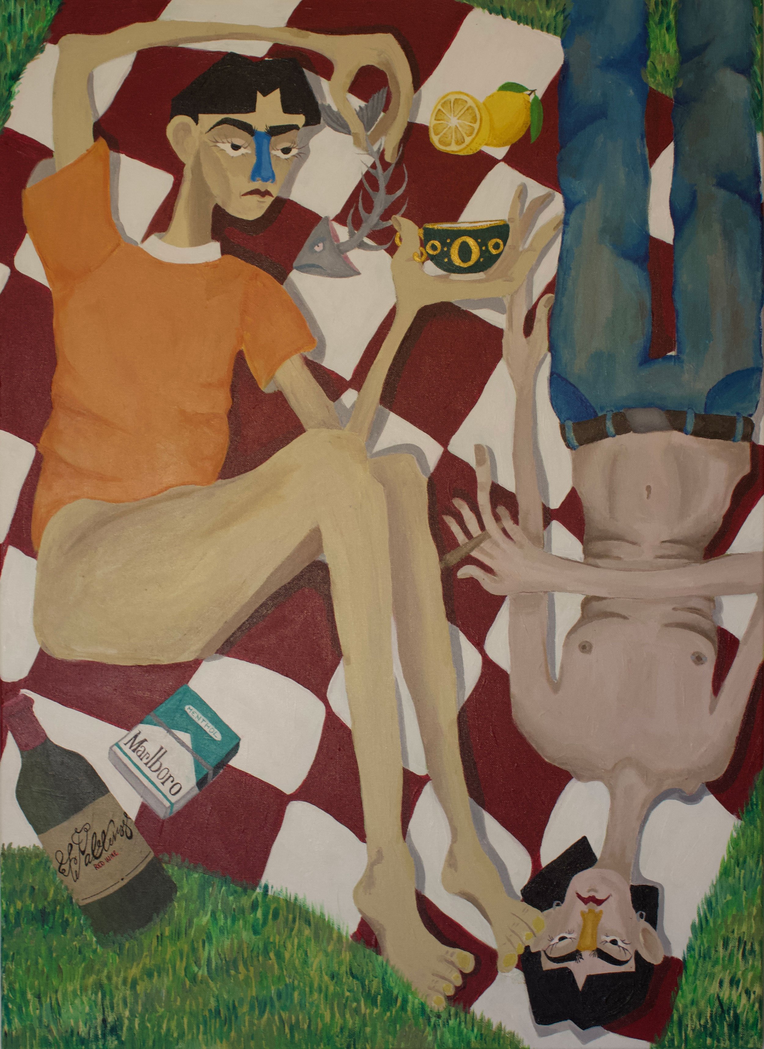 Jacqueline Kyllesbech, <i>Picnic</i>, 2023. 65x90cm. Akryl på lærred. Foto: Jaqueline Kyllesbech.