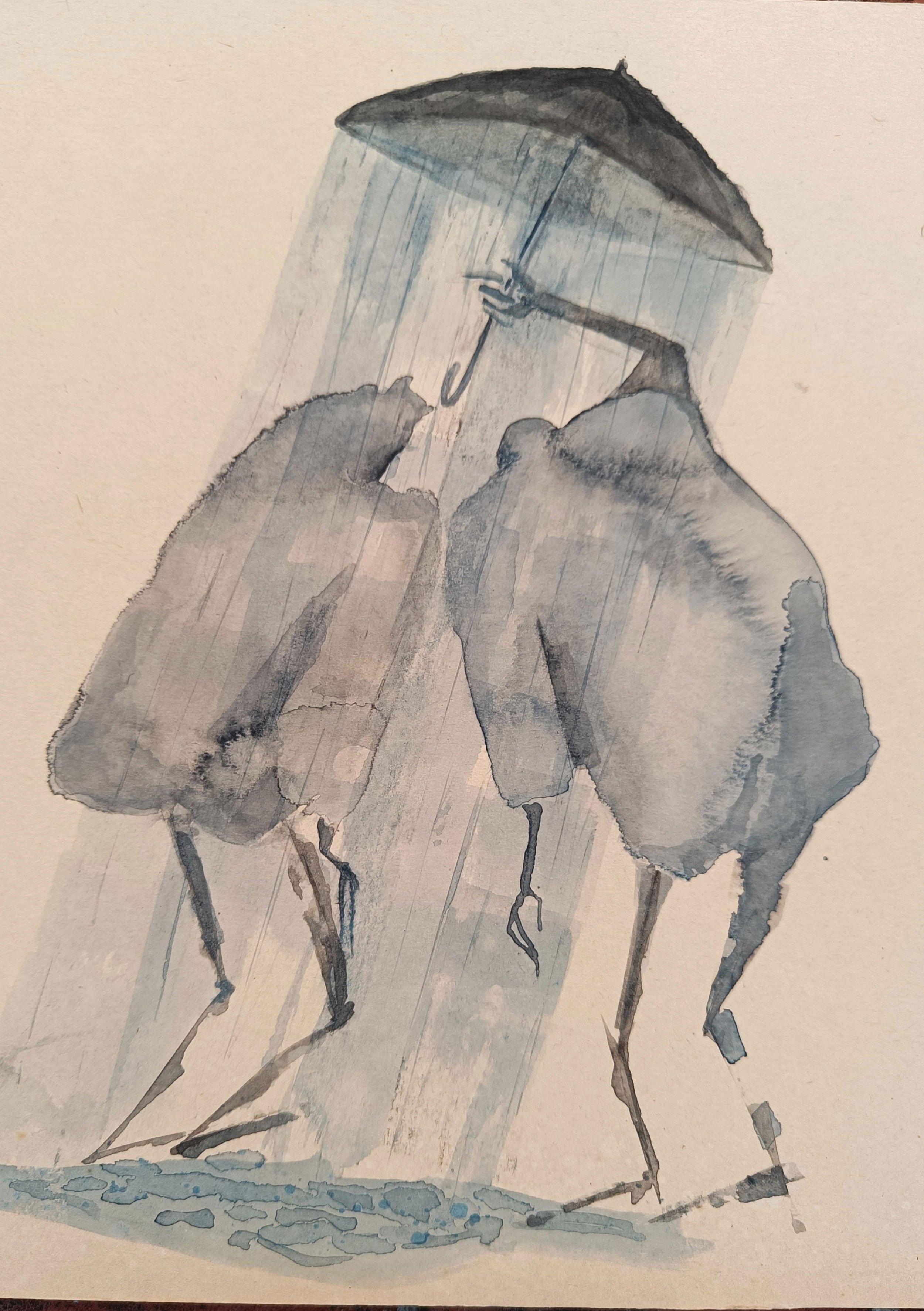 Julie Stendell Fyhn, <i>Fællesskab om vand og andre problemer</i>, 2026. 36x46,5 cm. Tush, blæk og akvarel. Foto: Julie Stendell Fyhn. 