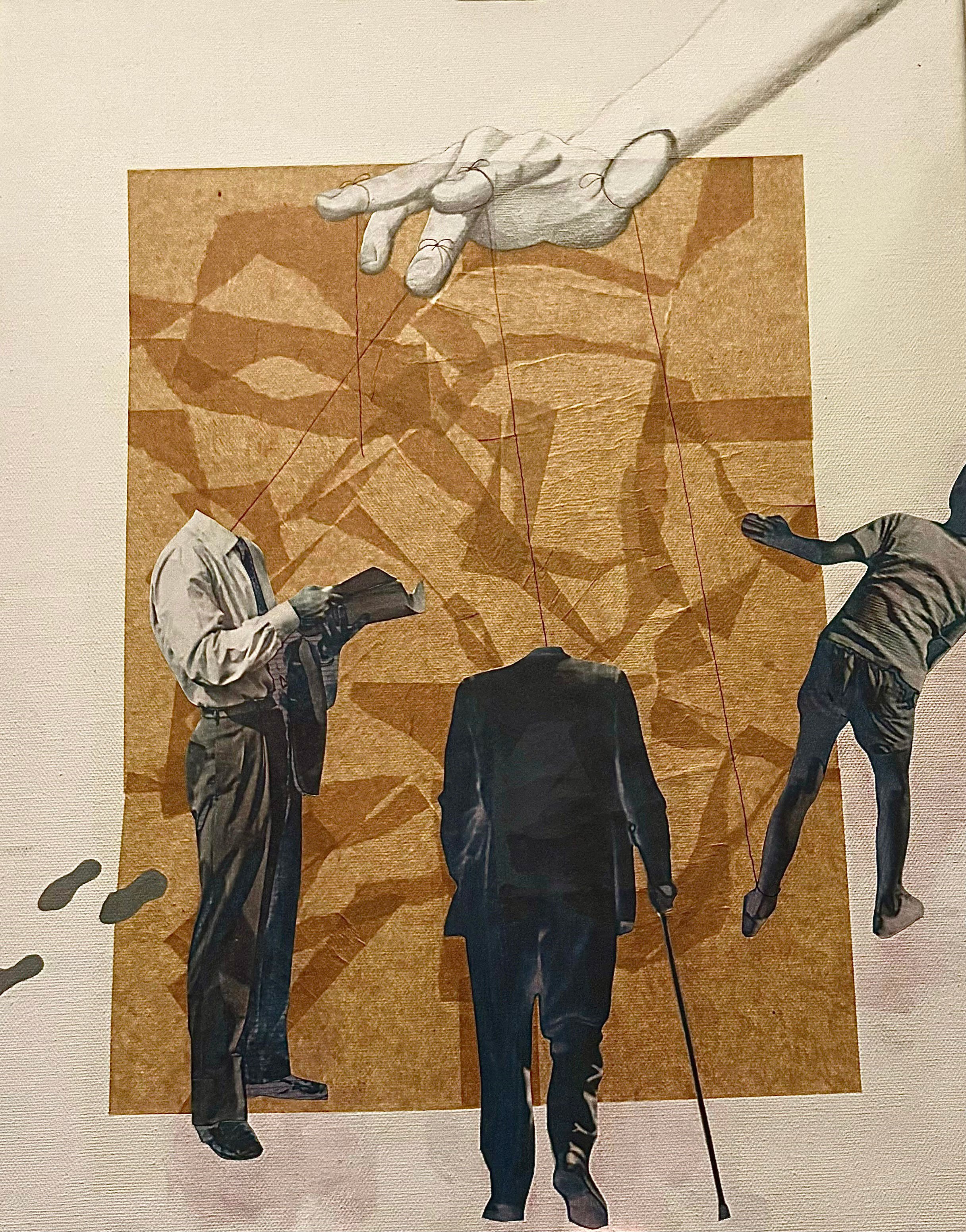 Magnus Gustav Redin Nykov, <i>Ukendt titel</i>, 2025. 40x50. collage på lærred, madpapir, kul, akrylmaling, posca. Foto-Magnus Gustav Redin Nykov. 