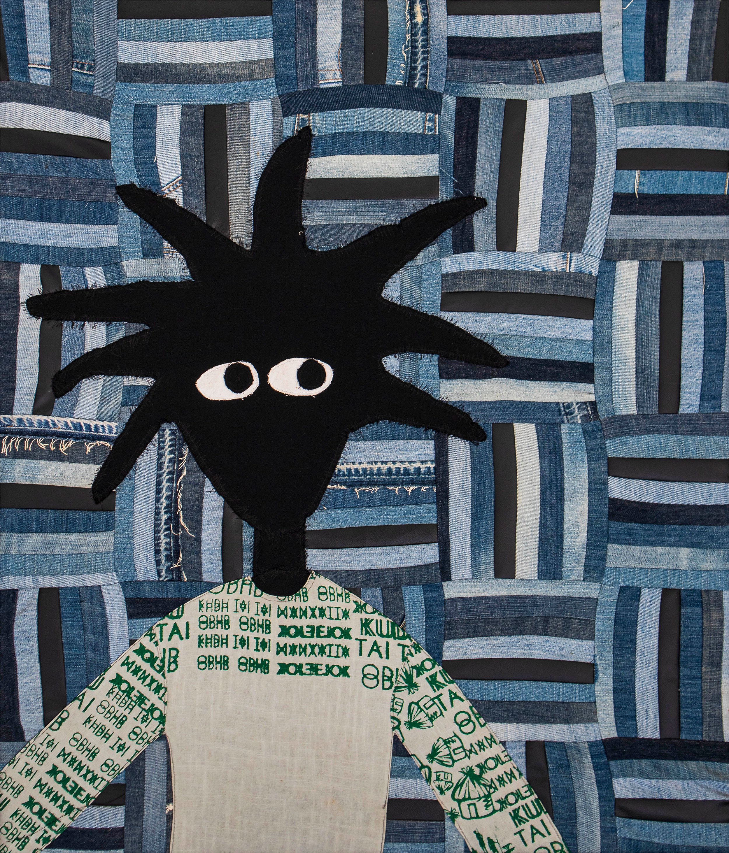 Ntare Edwin David, <i>Self portrait</i>, 2023. 105 x 90cm. Denim og læder på lærred. Foto: Ntare Edwin David. 