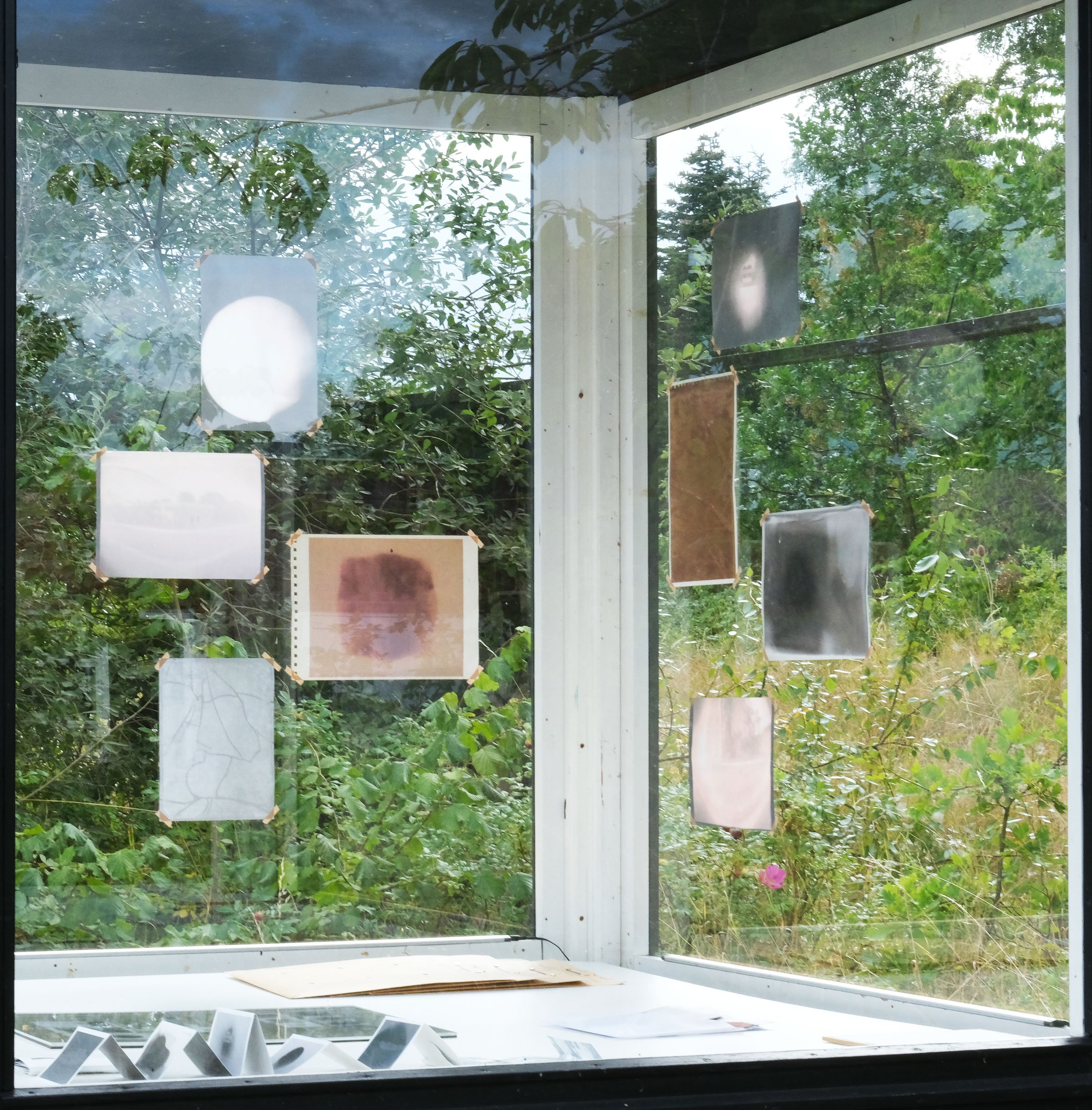 Installationsview, I skiftende lys, hOLME kUNSTHAL, 2026. Affotograferede lumenprints, solargrafier og pinholefotos printet på forskellige papirtyper, så de både indgår i, og reflekterer, hOLME kUNSTHAL og dens omgivelser. Foto: Sille Juline Høgly Petersen og Ane Bonde Rolsted.
