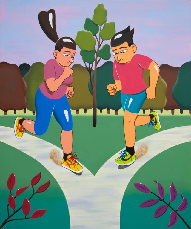 HuskMitNavn, The Runners!, 2025, Acryl, 120 x 100 cm. Foto: Gallery Charlotte Fogh