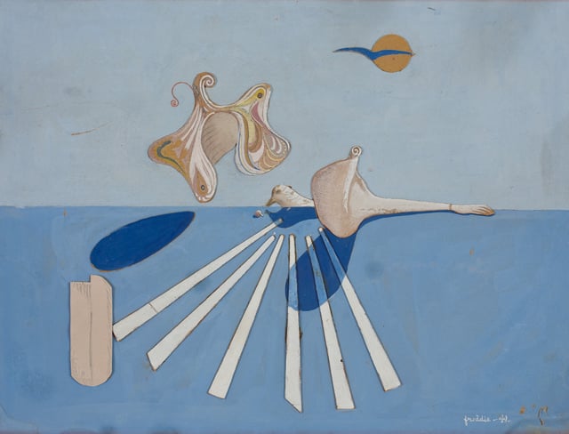 Wilhelm Freddie, Surrealistisk landskab med sommerfugl, 1941. Foto: SMK. Wilhelm Freddie / VISDA.