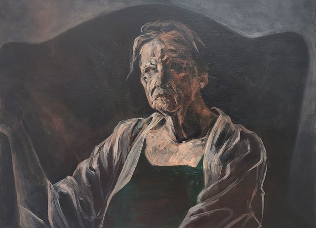 Henrik Jørgensen: <i>Ældre kvinde i lænestol</i>. 2023. Olie på lærred. 73 x 54 cm.