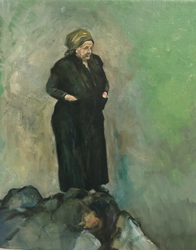 Henrik Jørgensen: <i>Gammel kvinde med tørklæde</i>. 2019. Olie på lærred. 40 x 50 cm.