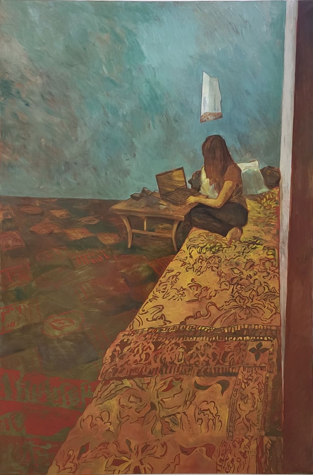 Henrik Jørgensen: Pige i værelse med spejl. 2023. Olie på lærred. 236 x 160 cm.