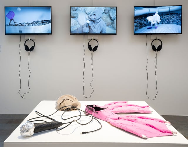 Alberte Skronski: <i>Two Dogs</i>, samt videoværkerne <i>Hiking Clam</i>, <i>Dancing Gull</i> og <i>Singing Seal</i>. Foto: Torben E. Meyer.