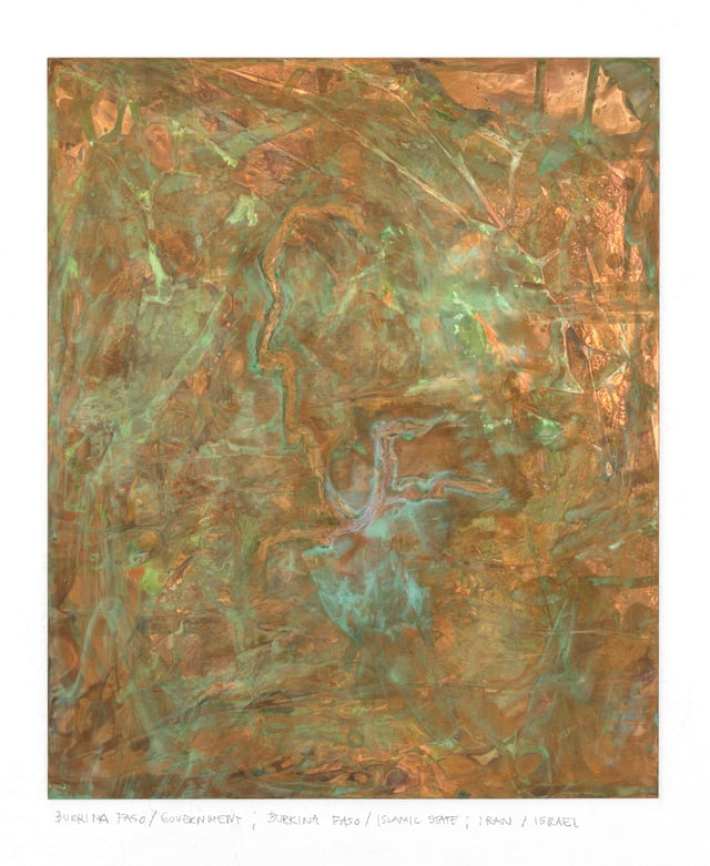 Anne Langgaard: <i>Bukina Faso/Government; Bukina Faso/Islamic State; Iran/Israel</i>, 2026, kobber. Foto: Sofus Graau.