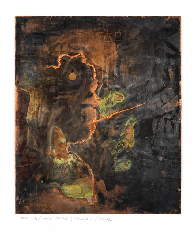Anne Langgaard: <i>Indonesia/West Papua; Palestine/Israel</i>, 2026, kobber. Foto: Sofus Graau.