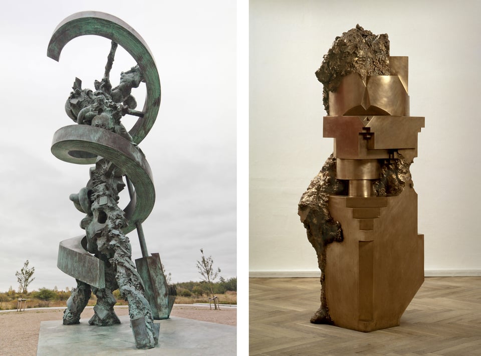 Til venstre: Hein Heinsens <i>Den Store Udveksler</i>, 2005. Foto: Elizaveta Kharicheva. Til højre: Hein Heinsens <i>Skulptur 85</i>, 1985. Kredit: Hein Heinsen. 