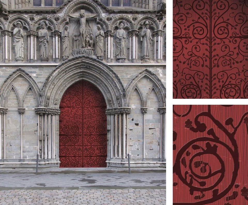 Skitse til nye døre som Frederik Tydén skal udføre til domkirken Nidarosdomen i Trondheim. Tegnearbejde og visualiseringer i samarbejde med Lynge Lynge Arkitekter, Kasper Mørkholt og Nanna Abell 