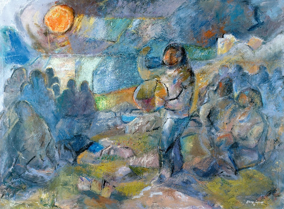 Hans Lynge, <i>Før der boede mennesker</i>, 1974. Olie på lærred, Foto: Ruben Blædel